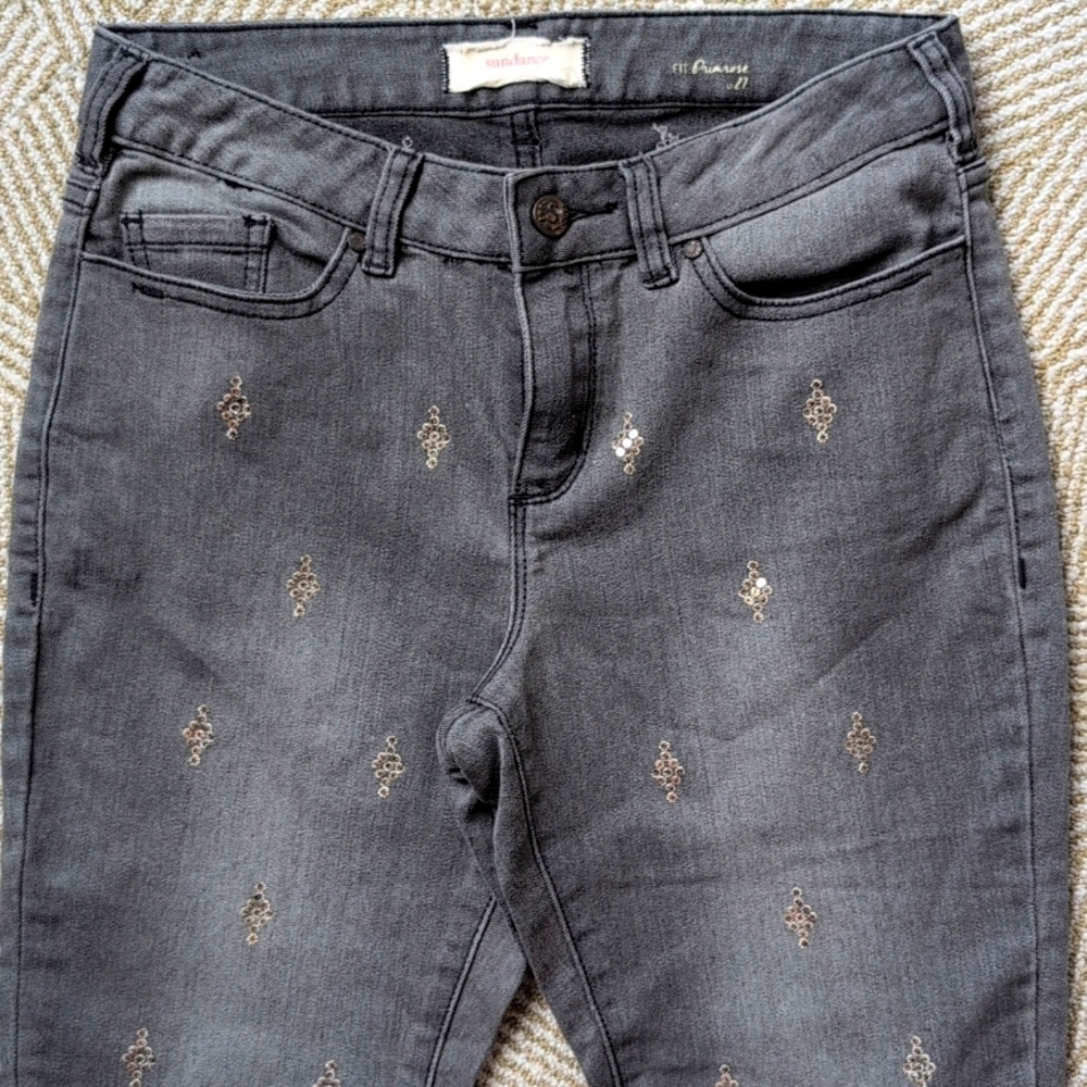 Sundance Dark Gray Gold Sequin Primrose Skinny Denim Stretch Midrise Jeans Sz 27 - Picture 3 of 9